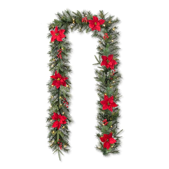 Glitzhome® 9Ft Pre-Lit Greenery Pine Poinsettia and Berries Christmas Garland with LED Lights and Timer | 108" x 9.75" | Michaels®
